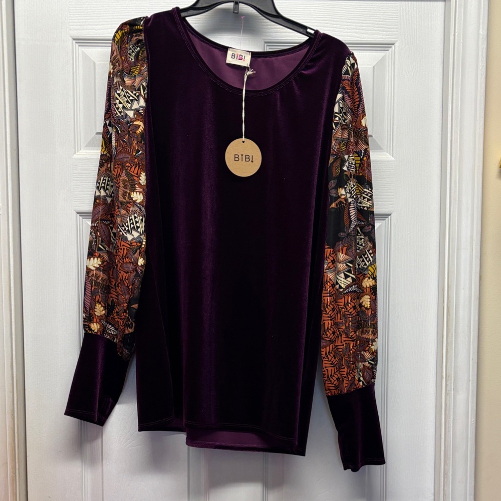 BiBi Women's Deep Purple Velvet Dress with Artistic Sleeves & gold Threads New S